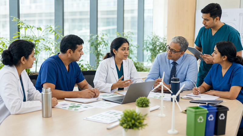Doctors and staff reviewing information at a shared workstation