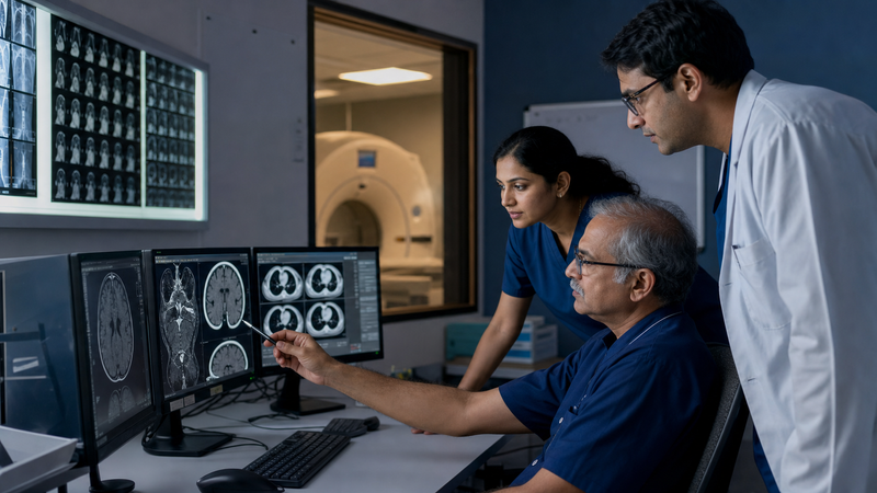 Specialist reviewing clinical data on screen, representing a college's clinical department disclosures