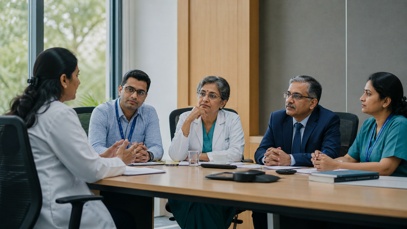 Senior faculty discussing career progression in a meeting
