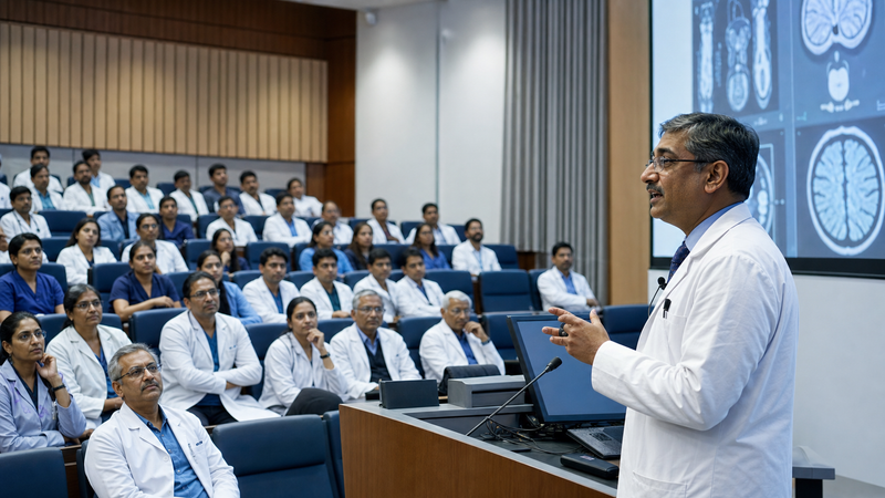Doctor presenting to a full lecture hall of medical faculty
