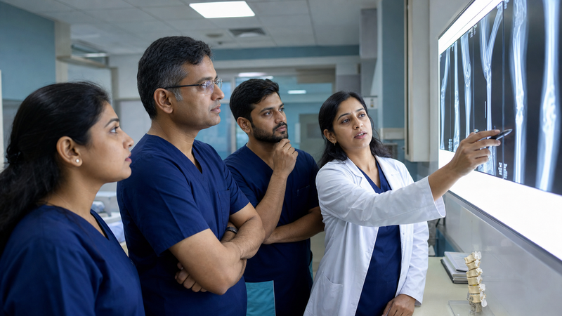 Doctor reviewing X-ray images on a lightbox with resident doctors