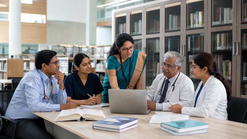 Doctor reviewing career transition paperwork with a colleague