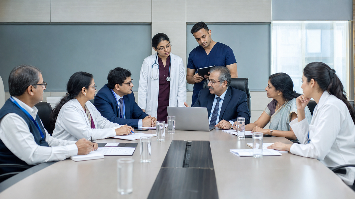 Medical college leadership discussing faculty governance and institutional rules