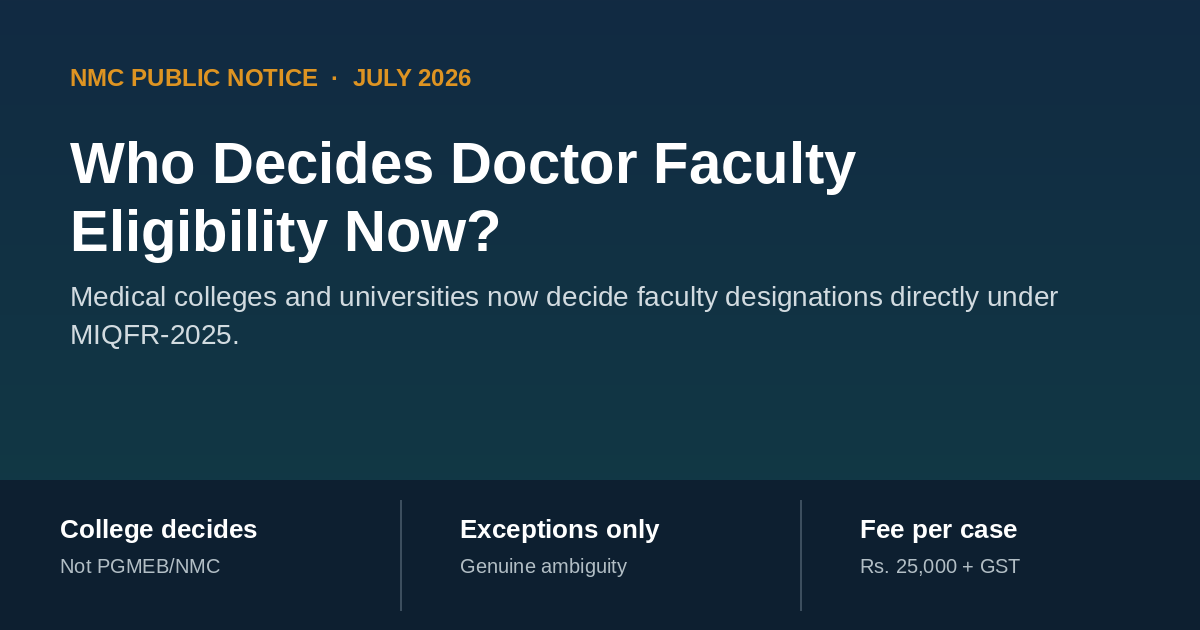 Who decides doctor faculty eligibility now — NMC public notice, July 2026