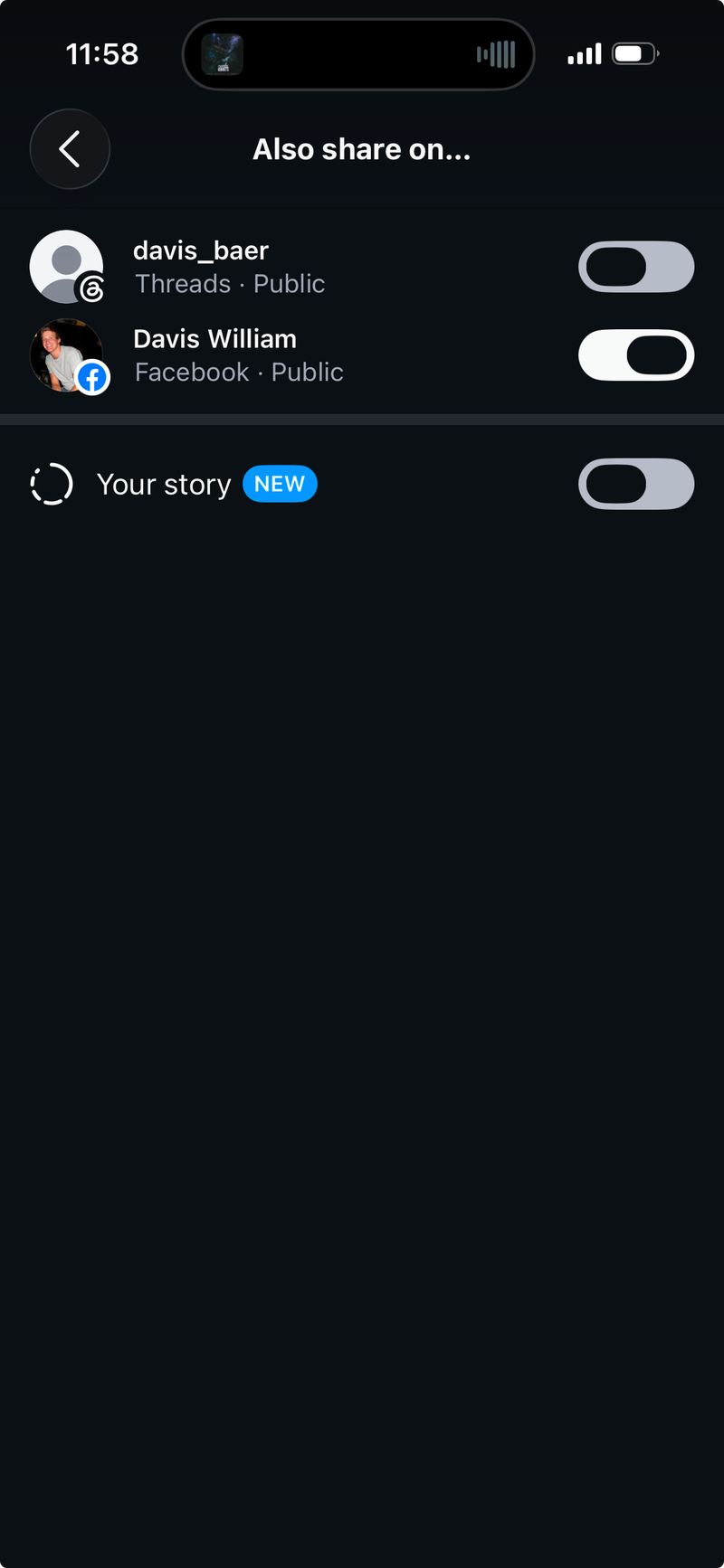 Toggling on "Also share on" in the Instagram app to select a personal Facebook profile
