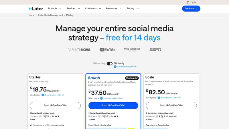 Later social media scheduling tool pricing plans