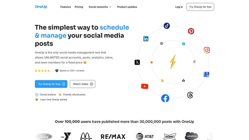 A screenshot of the OneUp platform showing its calendar view for scheduling social media posts.