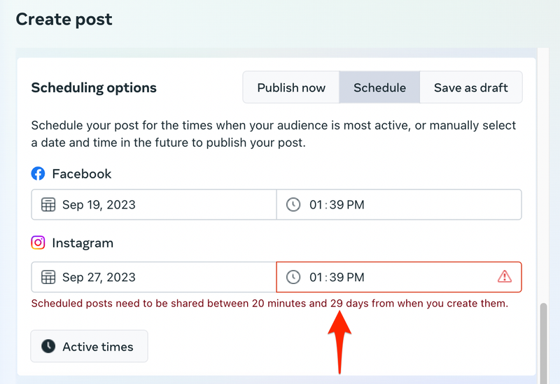 Cant schedule Facebook and Instagram posts more than 29 days in advance
