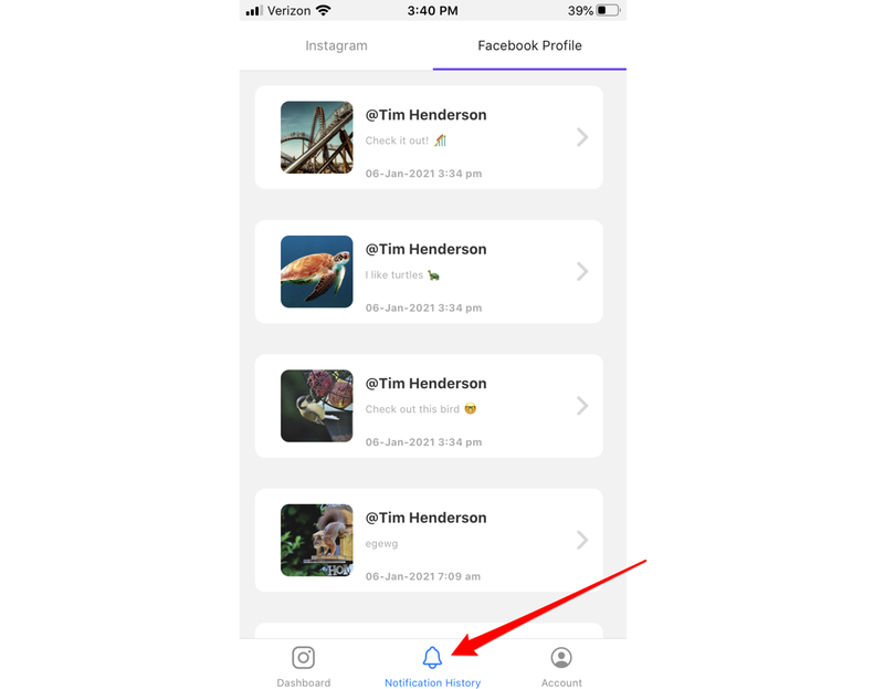 Notification history for Facebook posts