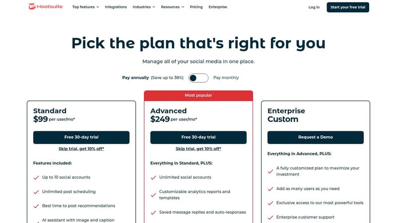 Hootsuite pricing plans page