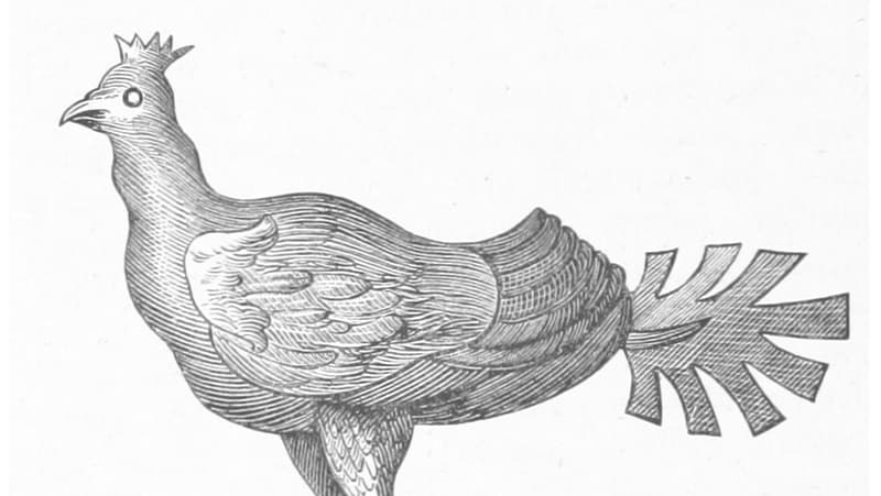 Old etching of a basilisk, looks a bit like a rooster.