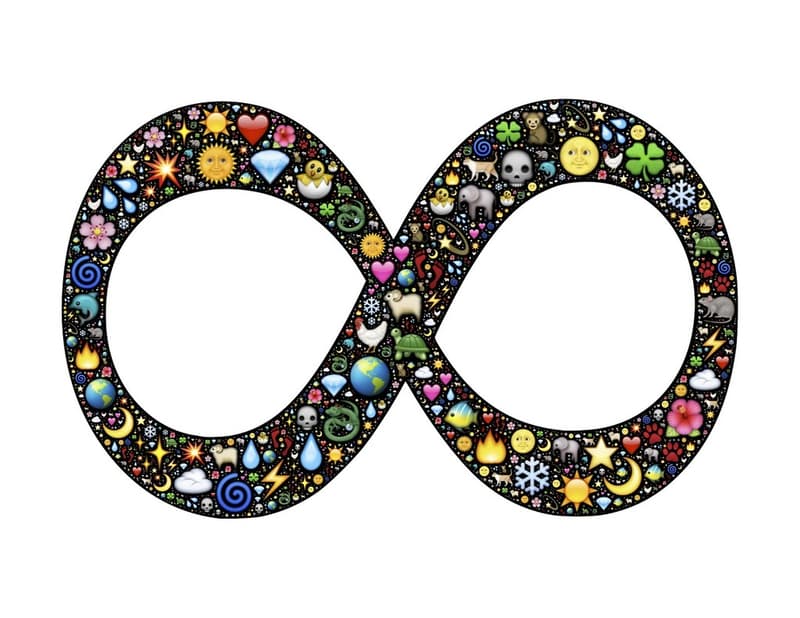 An infinity symbol made up of a large number of iconic nature images: a smiling sun, diamonds, the earth, a crescent moon, raindrops, flowers, etc.