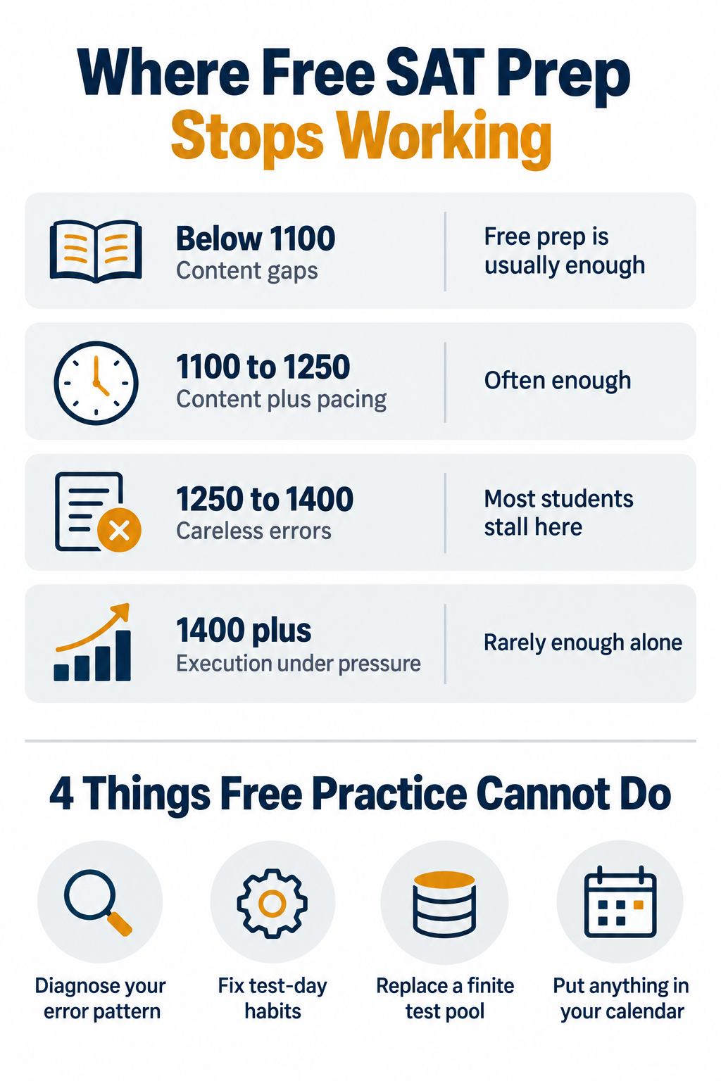 Infographic showing where free SAT prep stops working by score band, and four things free practice cannot do