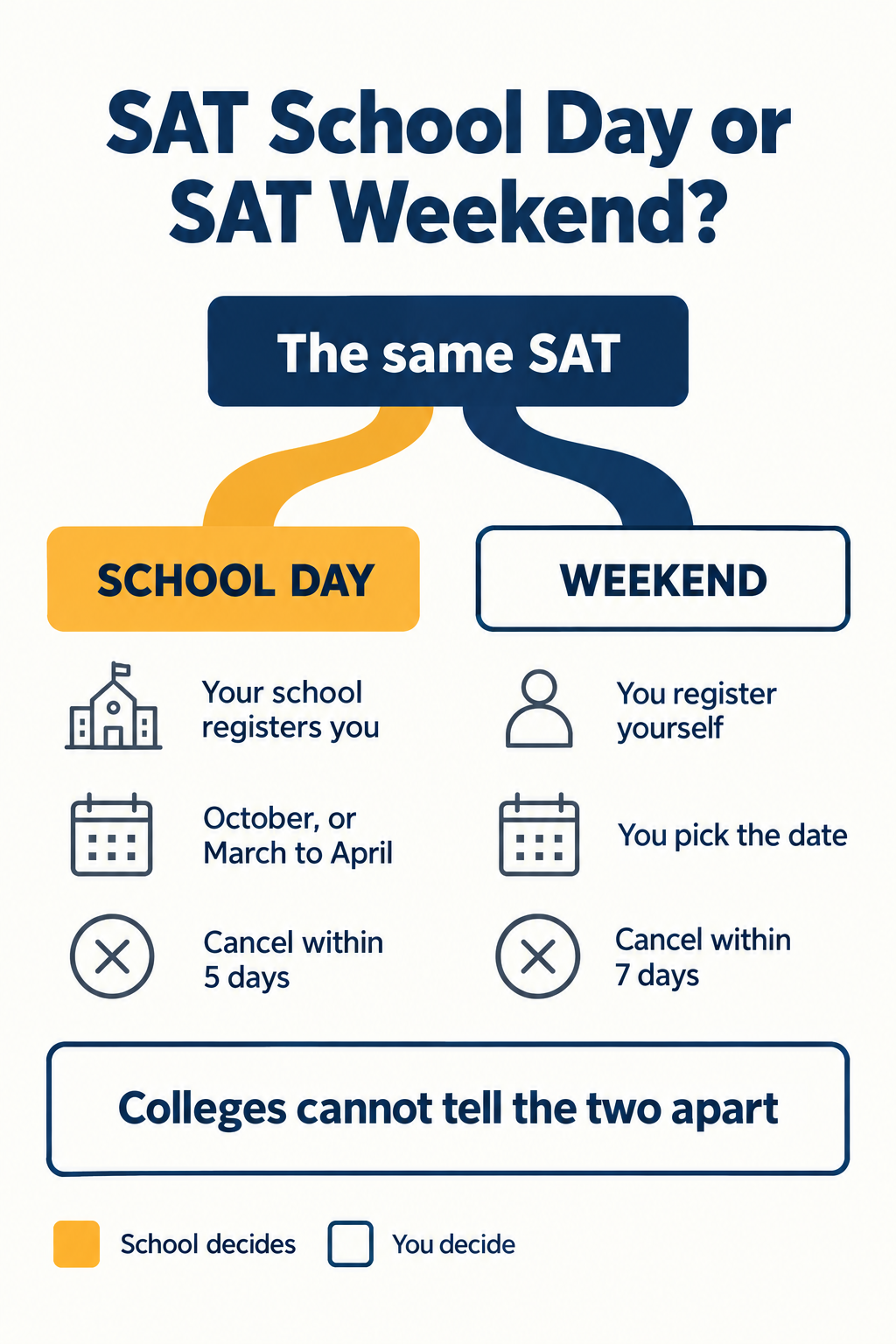 Infographic comparing SAT School Day and SAT Weekend as two branches of the same test, showing who registers you, when it is held and the five day versus seven day score cancellation windows