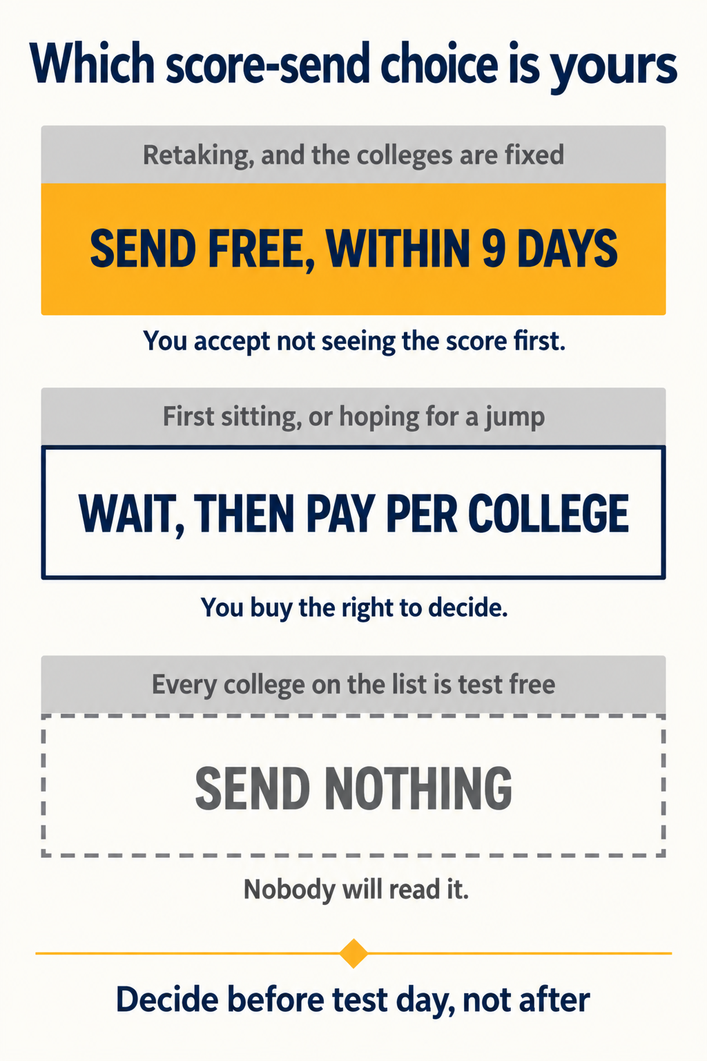 Three stacked panels matching a student situation to a score-send action: send free within nine days when retaking, wait and pay per college on a first sitting, and send nothing when every college on the list is test free