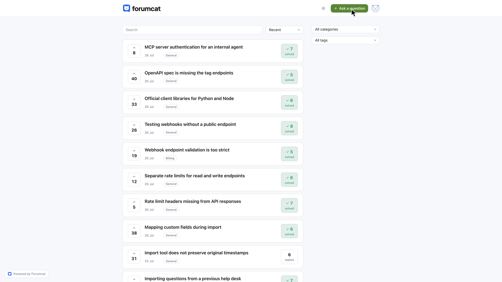 The home page of a Forumcat portal listing questions, with the Ask button highlighted