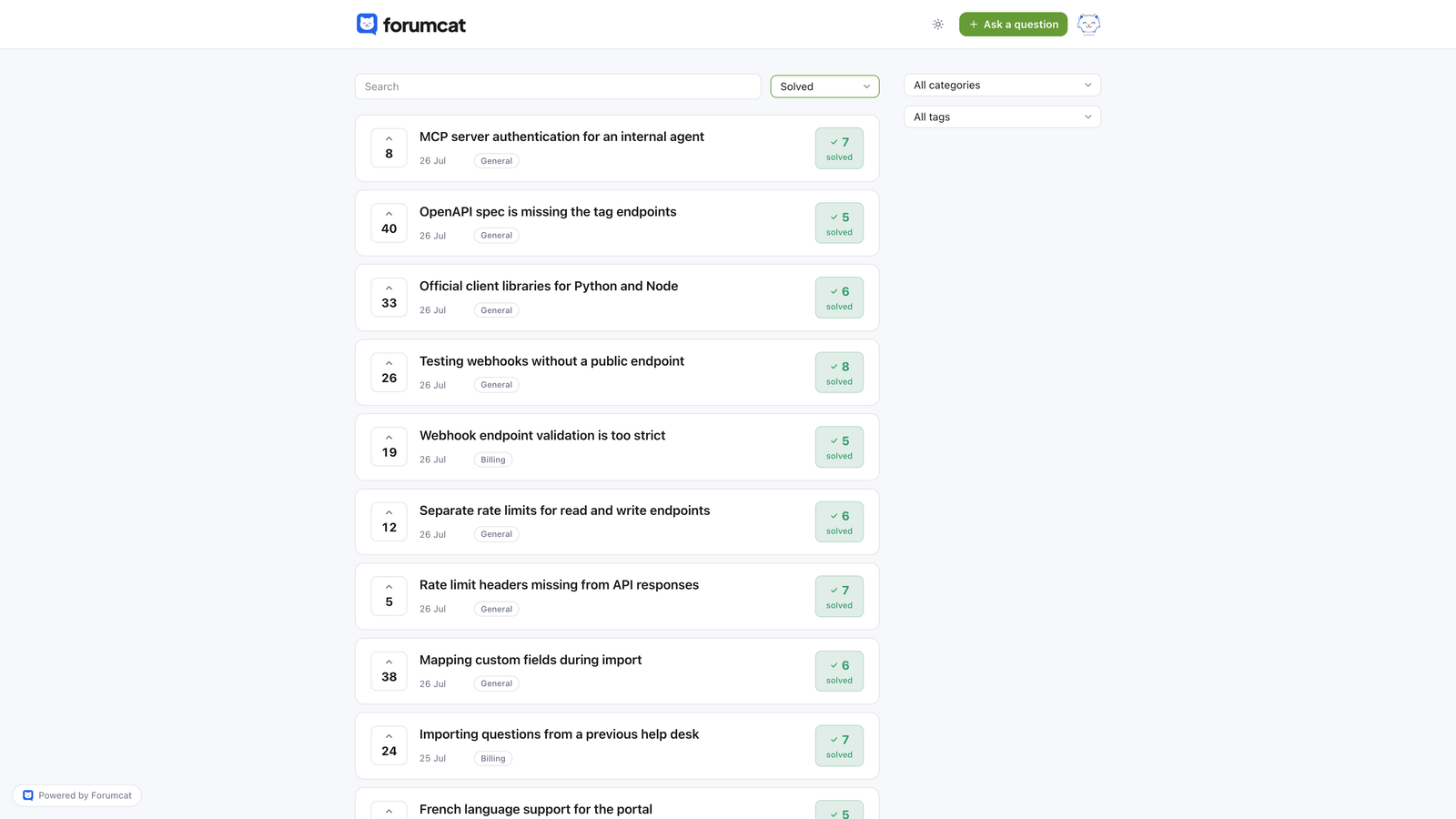 A Forumcat portal filtered to solved questions, showing a short list of answered threads