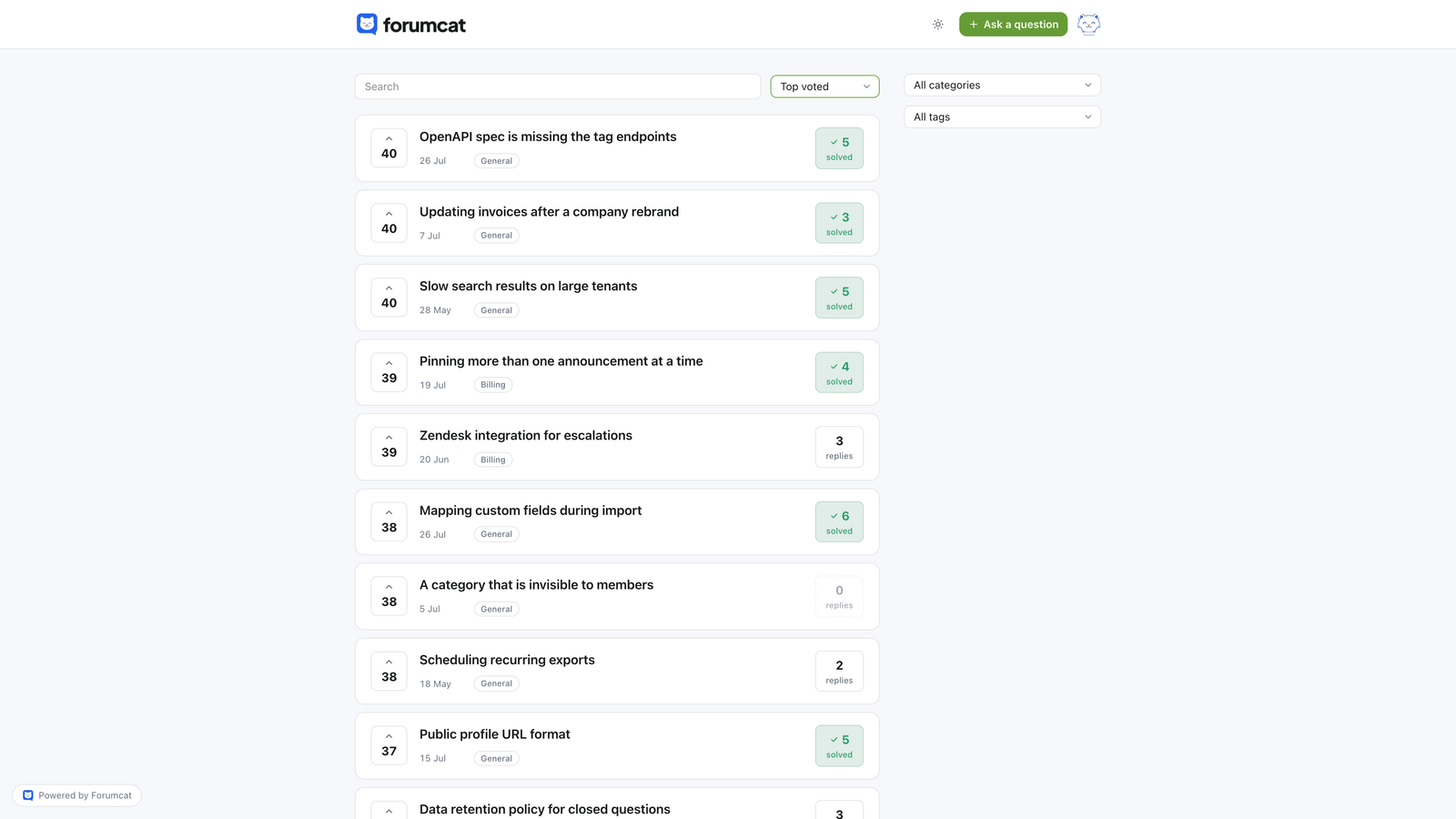 A Forumcat portal sorted by top voted, showing the questions most customers share