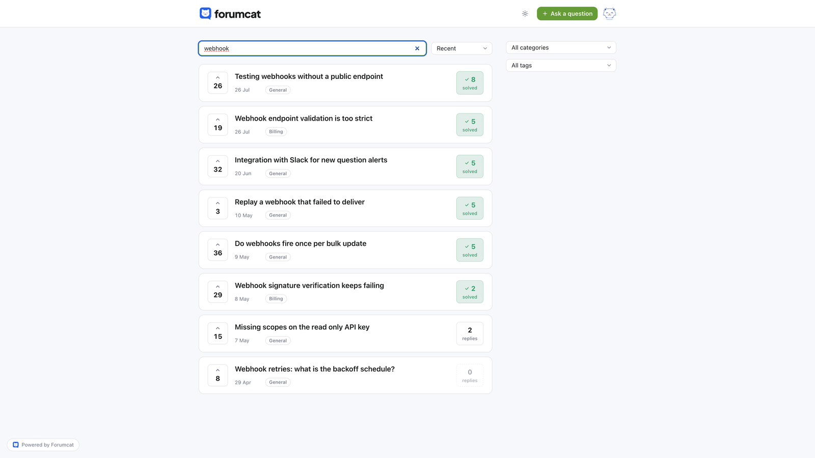 Search results in a Forumcat portal for the query webhook, listing solved questions
