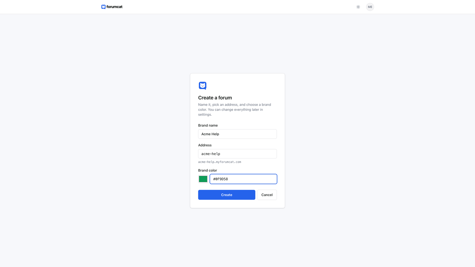 The create a forum form in the Forumcat dashboard, filled in with a forum name and web address