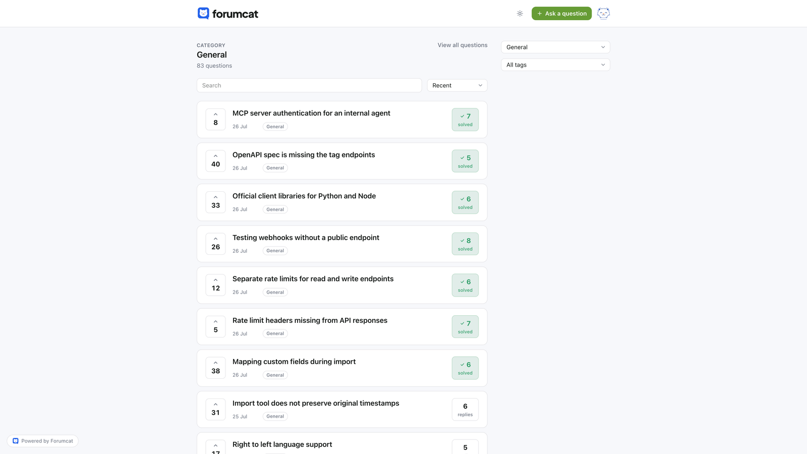 A Forumcat category page listing answered questions in the General category
