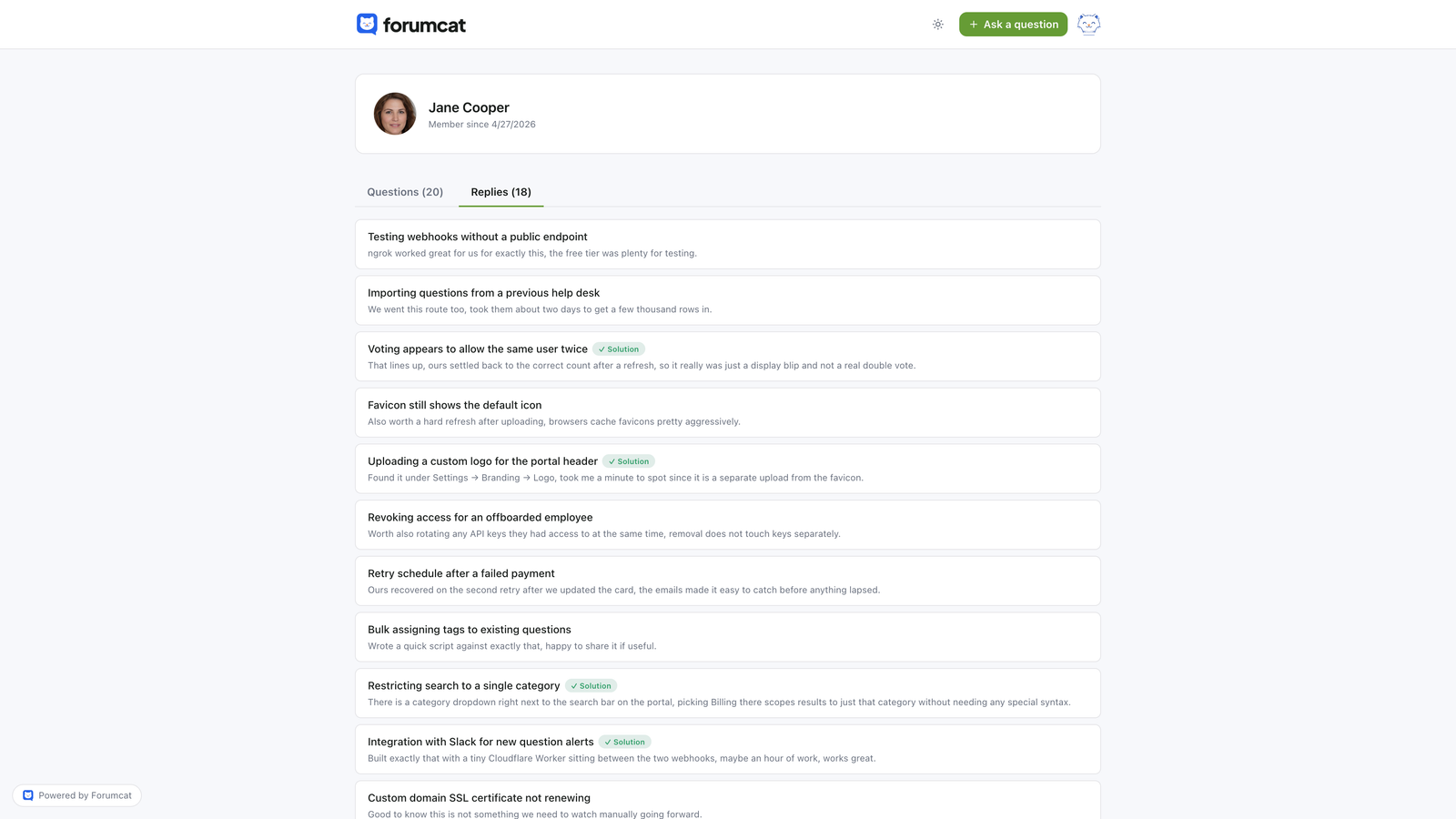 A member profile in a Forumcat portal listing the replies that person has written