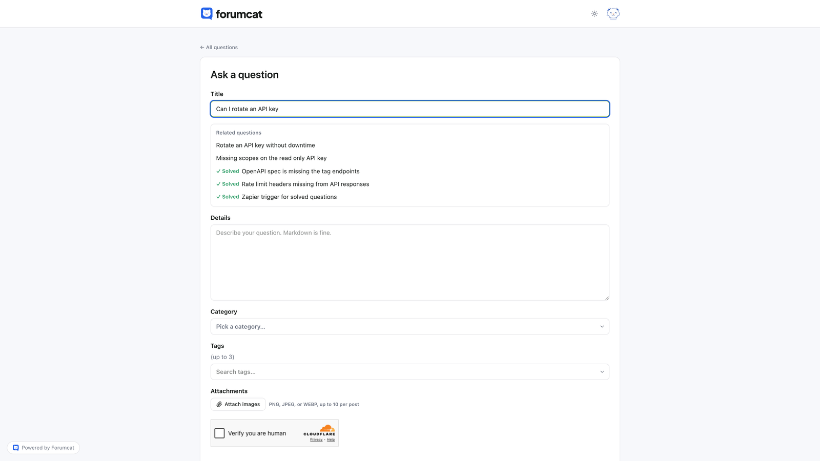 A customer typing a question title in a Forumcat portal, with existing related questions suggested below the field