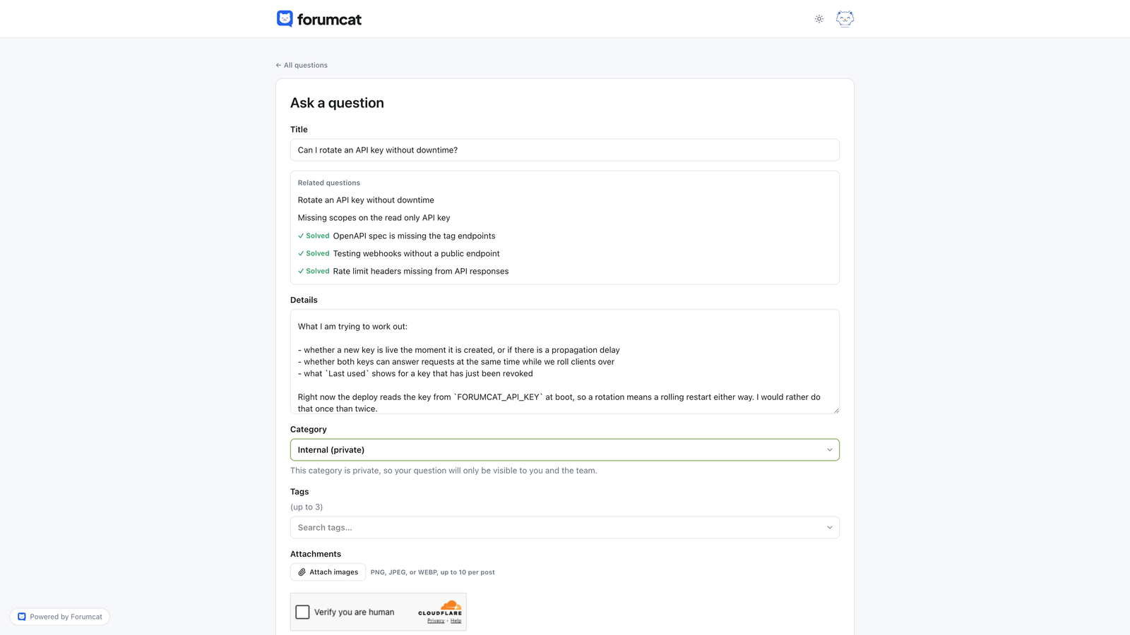 The ask form in a Forumcat portal with the note explaining that a question can be made private
