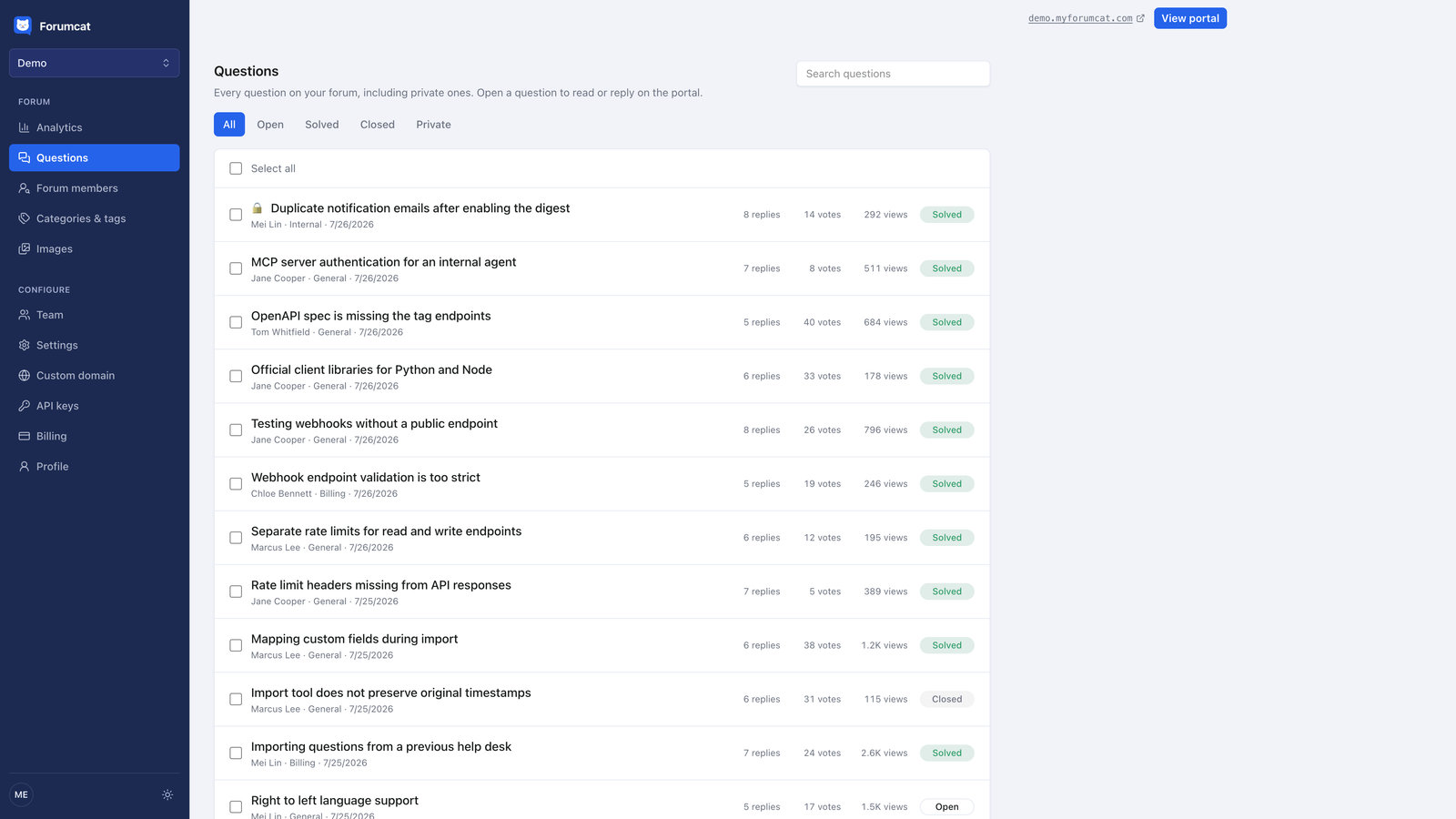 The questions list in a Forumcat dashboard, showing each question with its status