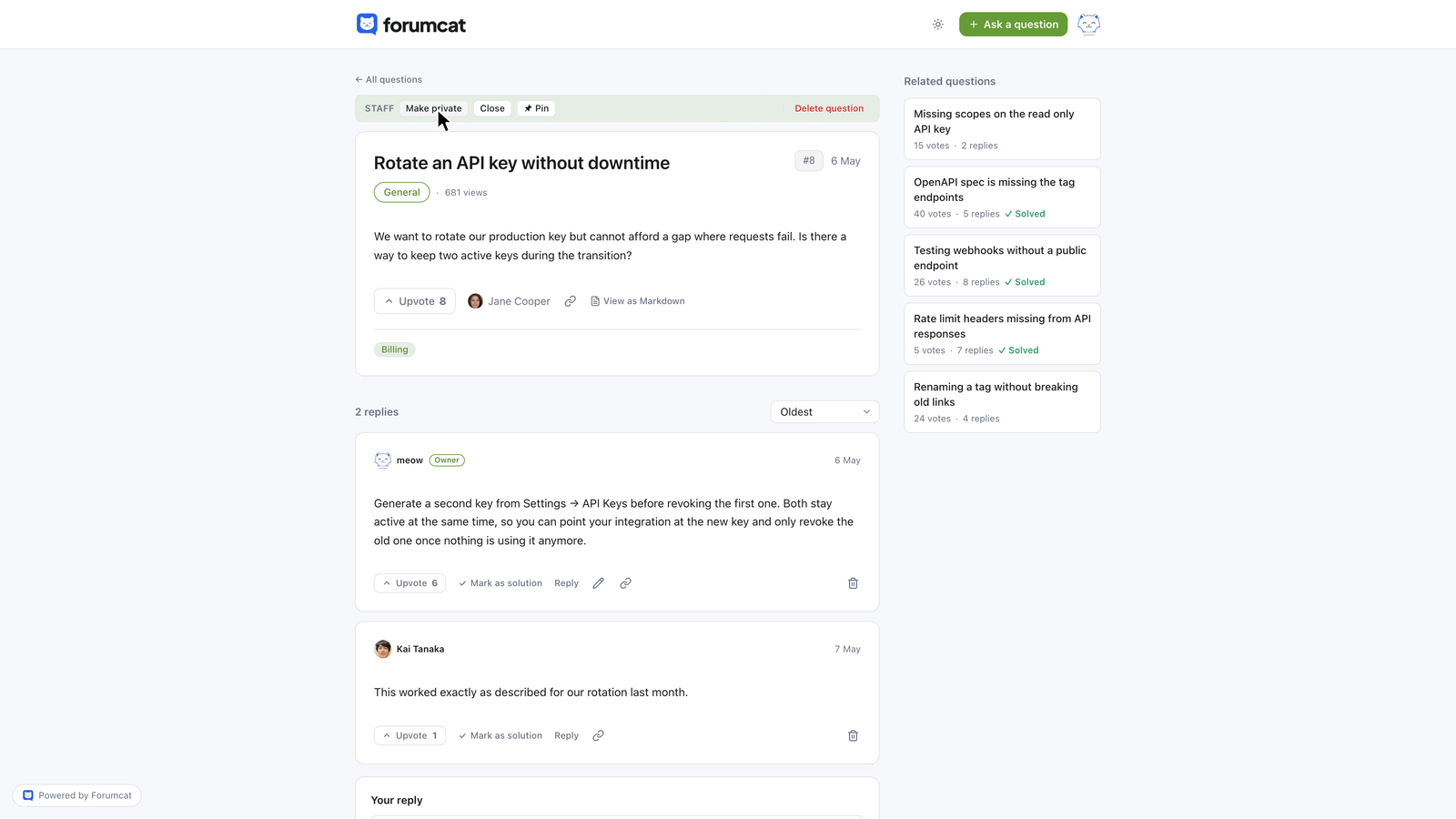Staff tools on a Forumcat thread, showing options to pin and close the question