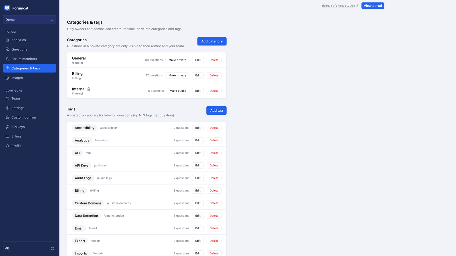 The categories and tags admin page in a Forumcat dashboard