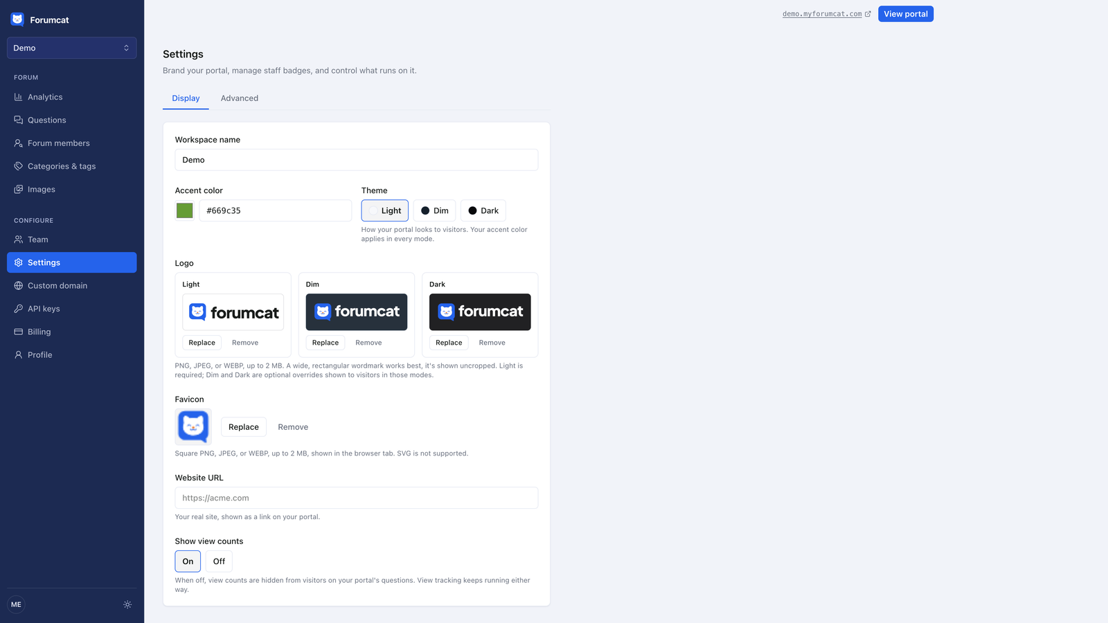 Forumcat display settings where you upload a logo and pick an accent color