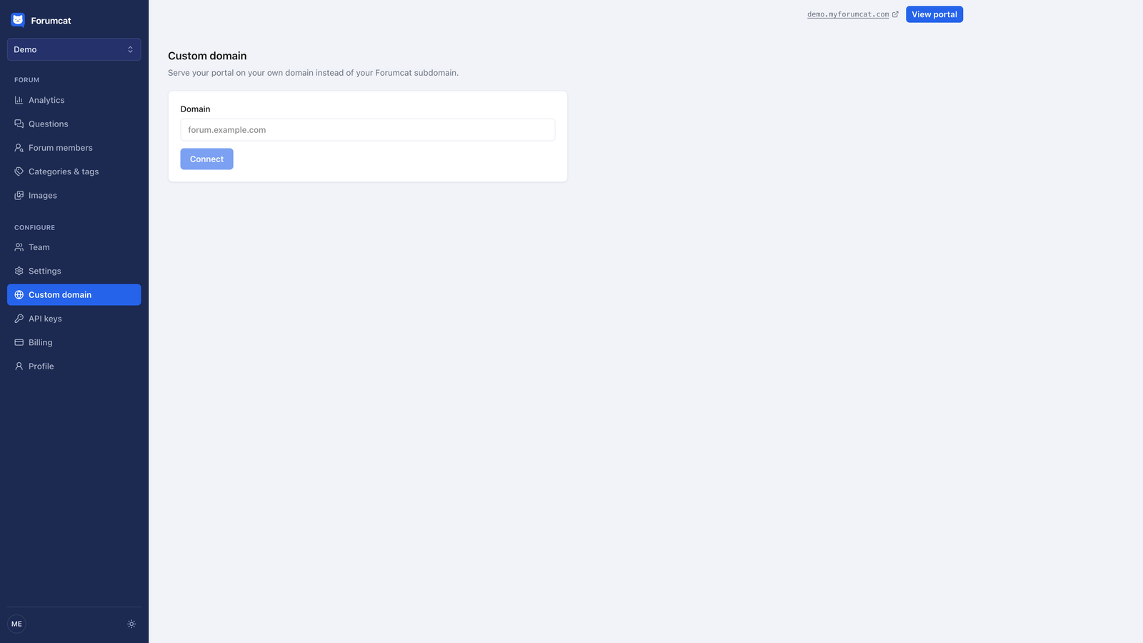 The custom domain settings page in the Forumcat dashboard