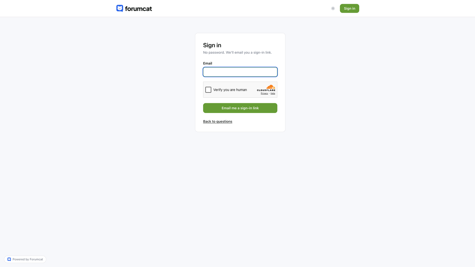 The Forumcat sign-in page offering a magic link, a six-digit email code, and Google