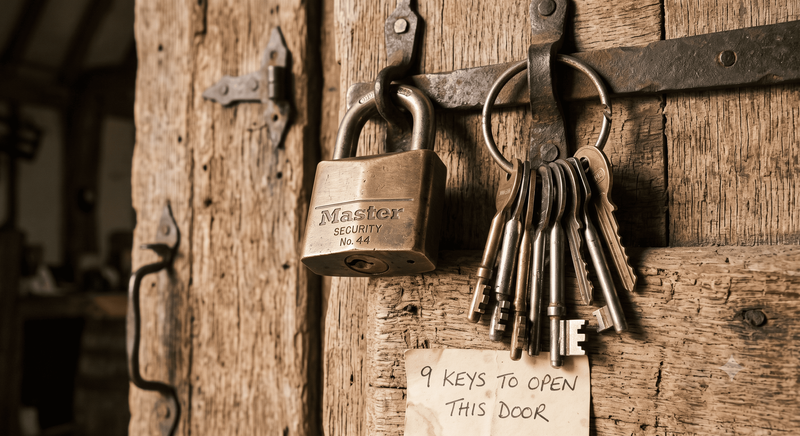 A heavy brass padlock and a large keyring holding nine vintage keys hang side by side on a rustic, weathered wooden door with iron hardware. Attached below the keys is a small, aged paper note reading "9 KEYS TO OPEN THIS DOOR" in handwritten text.