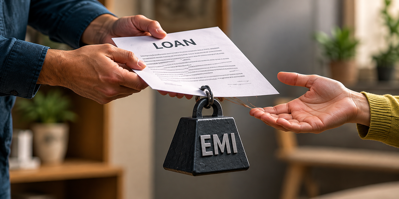 Loan agreement being handed to a guarantor with an EMI weight attached