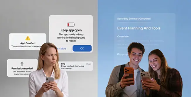 Left: a recording app interrupted by crash, permission and battery warnings. Right: two Pocket users with a finished recording summary