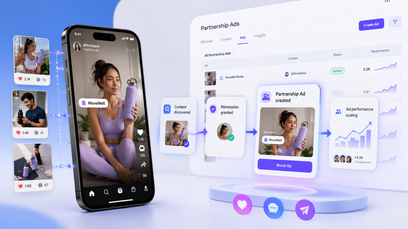 Meta Partnership Ads workflow showing creator content discovery, creator permission, ad creation, and performance scaling.