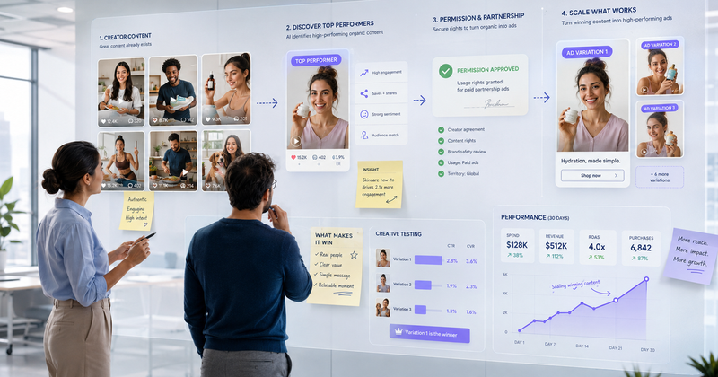 Marketing team reviewing creator content, permission approvals, ad variations, and performance results for a Meta Partnership Ads campaign.