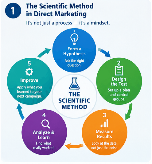 The scientific method as a five-step cycle: form a hypothesis, design the test, measure results, analyze and learn, improve