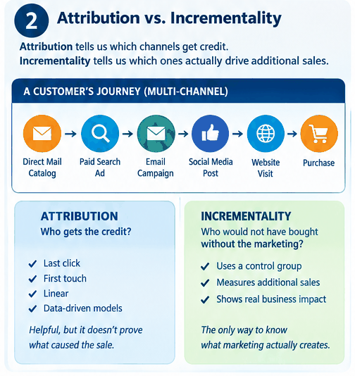 A multi-channel customer journey from catalog to paid search, email, social, website and purchase, with attribution and incrementality contrasted side by side